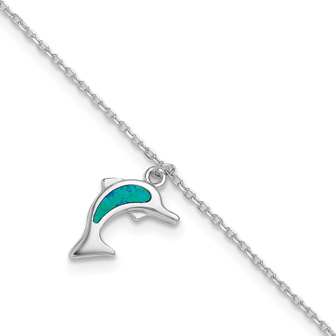Sterling Silver Created Opal Dolphin 9 inch Anklet