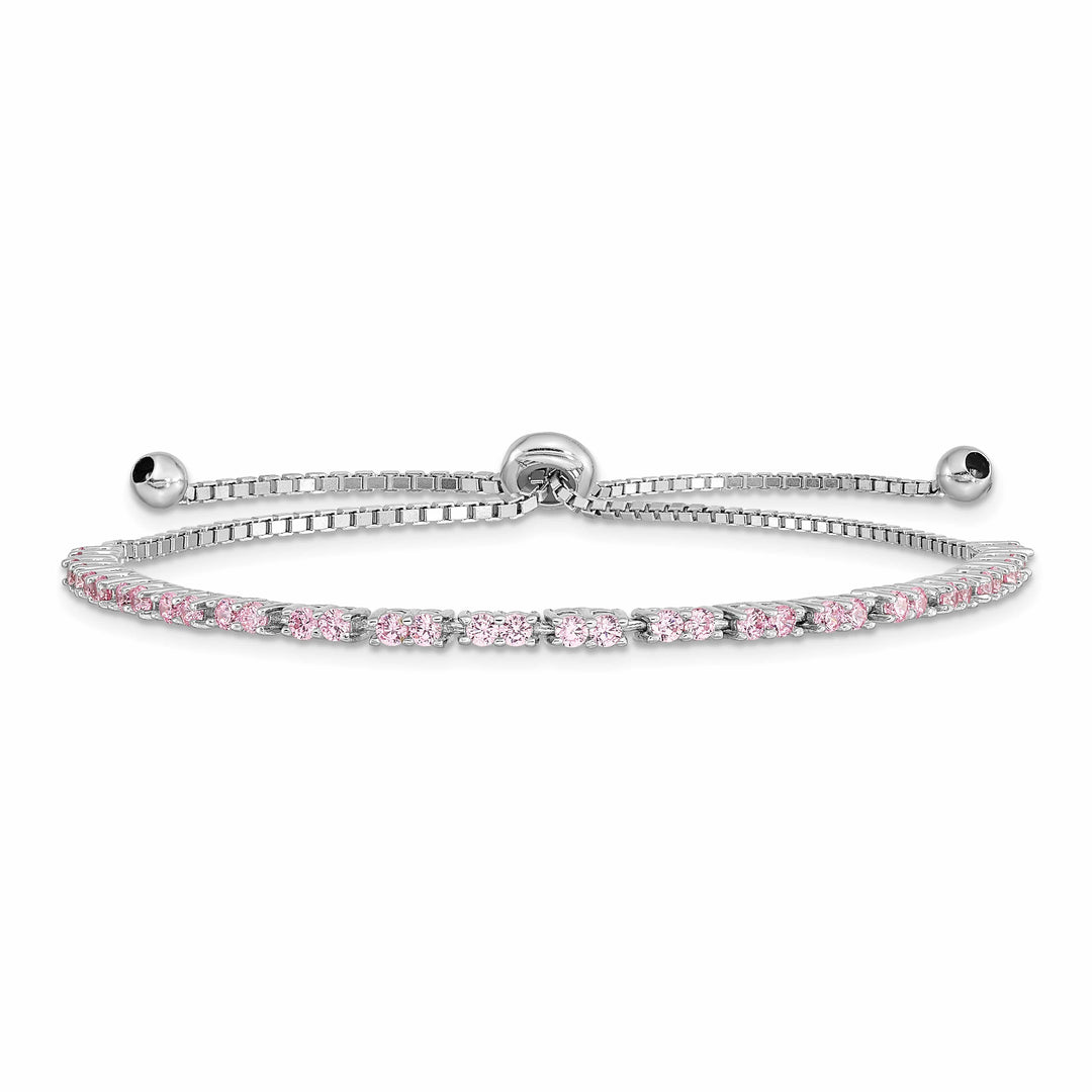 Sterling Silver Rhodium-plated October Pink CZ Bolo Bracelet