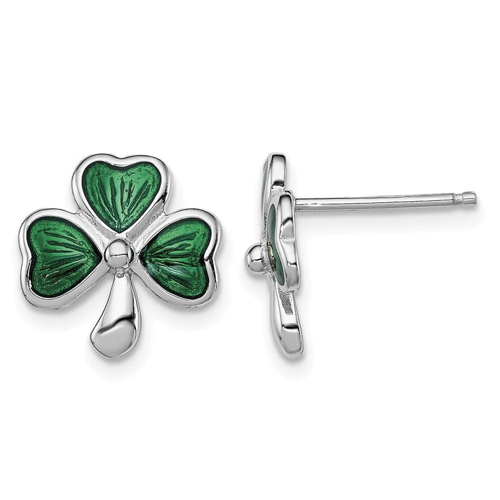 Sterling Silver Polished Green Enameled Shamrock Post Earrings