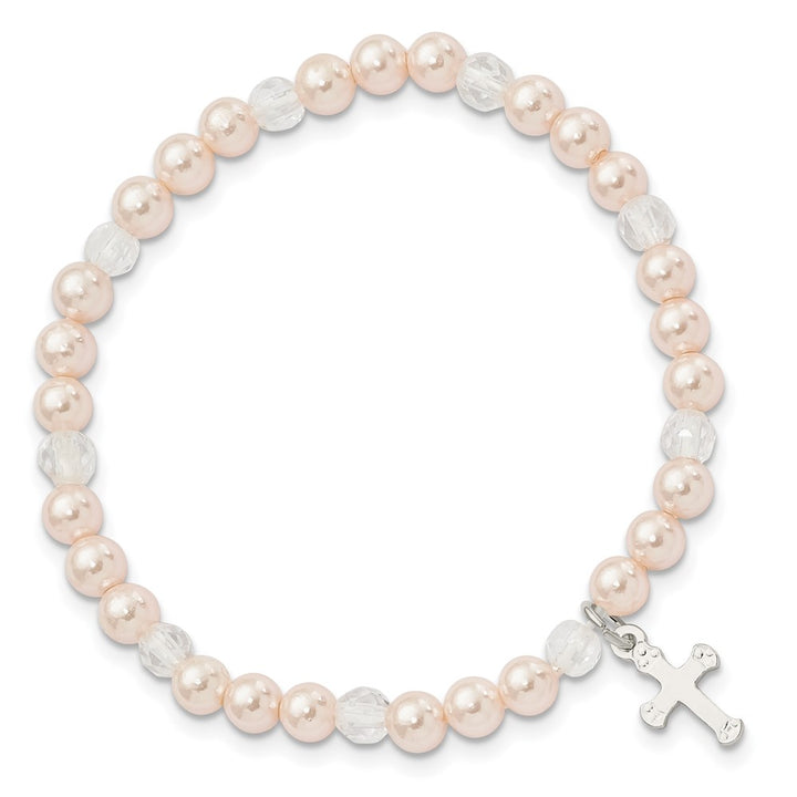 Sterling Silver Cross and Pink Shell & Crystal 45mm Stretch Bracelet