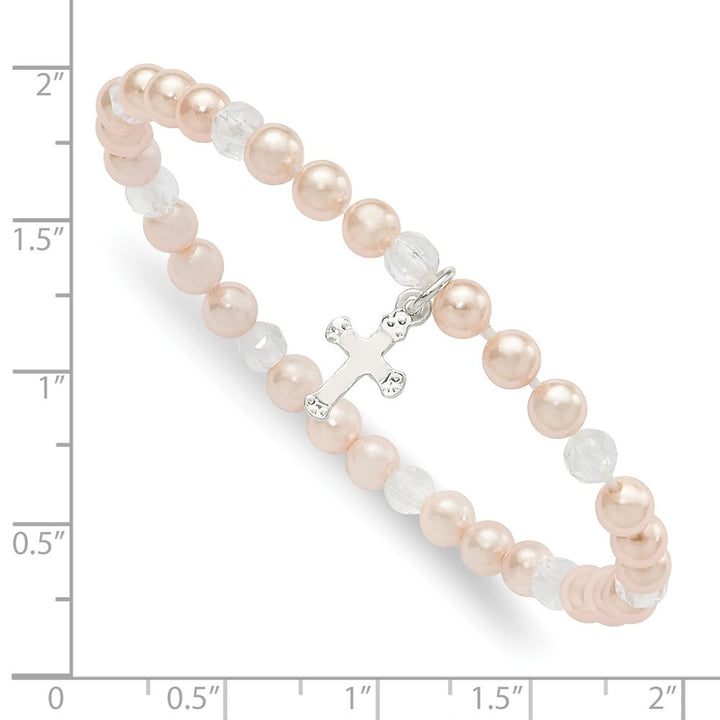 Sterling Silver Cross and Pink Shell & Crystal 45mm Stretch Bracelet