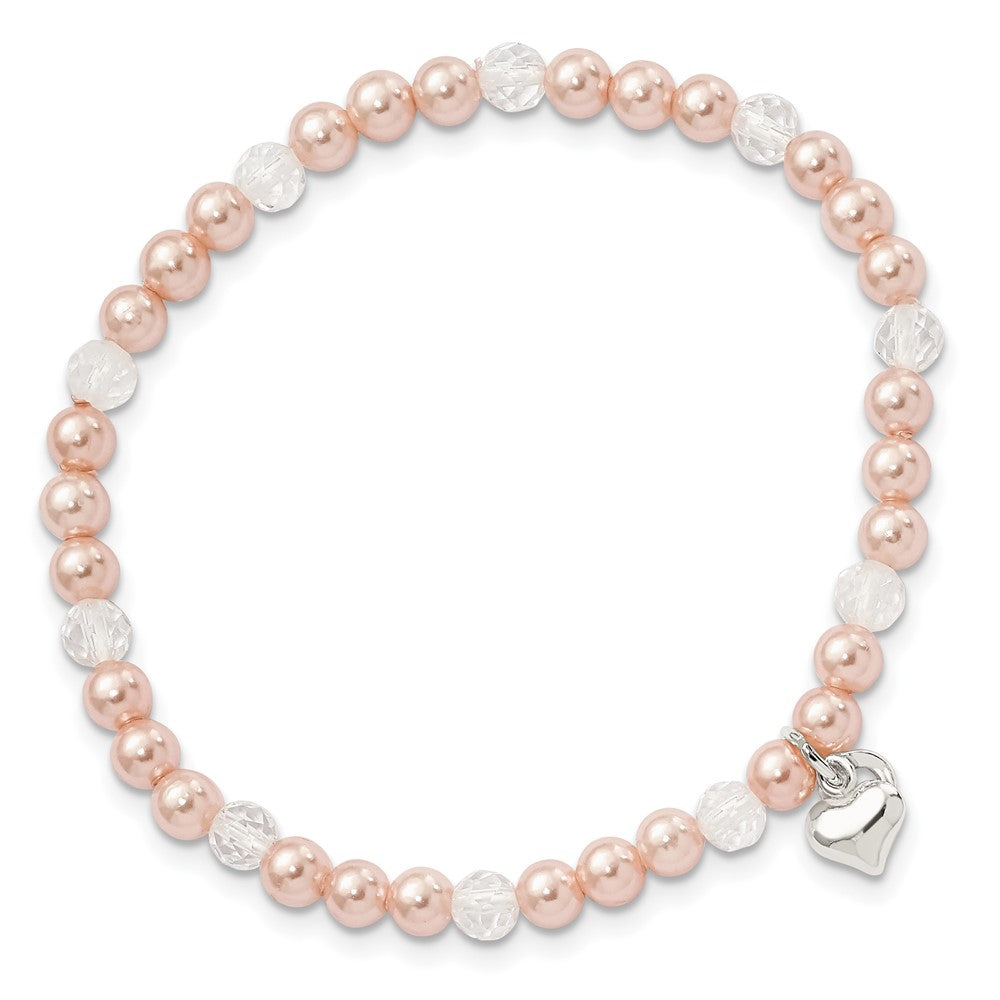 Sterling Silver Heart Pink Shell and Crystal 45mm Stretch Bracelet