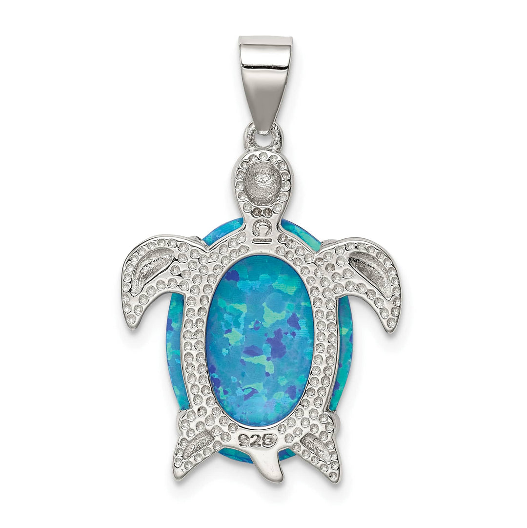 Sterling Silver Created Blue Opal Inlay Sea Turtle Pendant