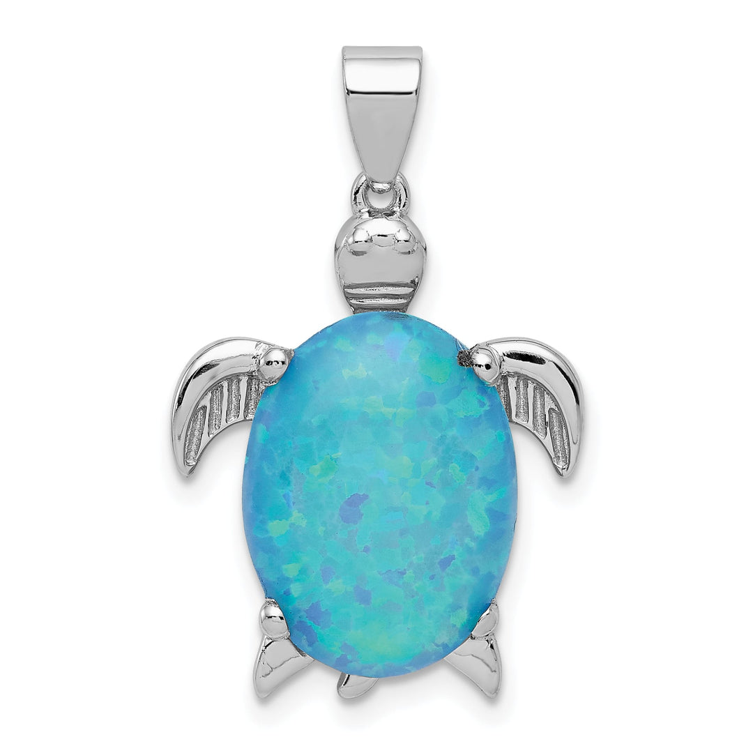 Sterling Silver Created Blue Opal Inlay Sea Turtle Pendant