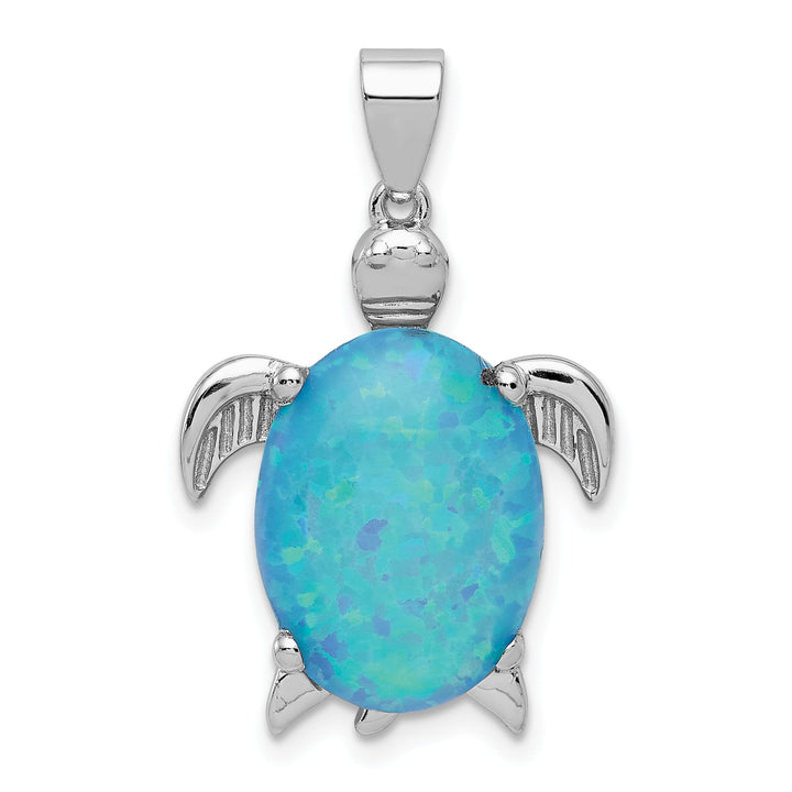 Sterling Silver Created Blue Opal Inlay Sea Turtle Pendant