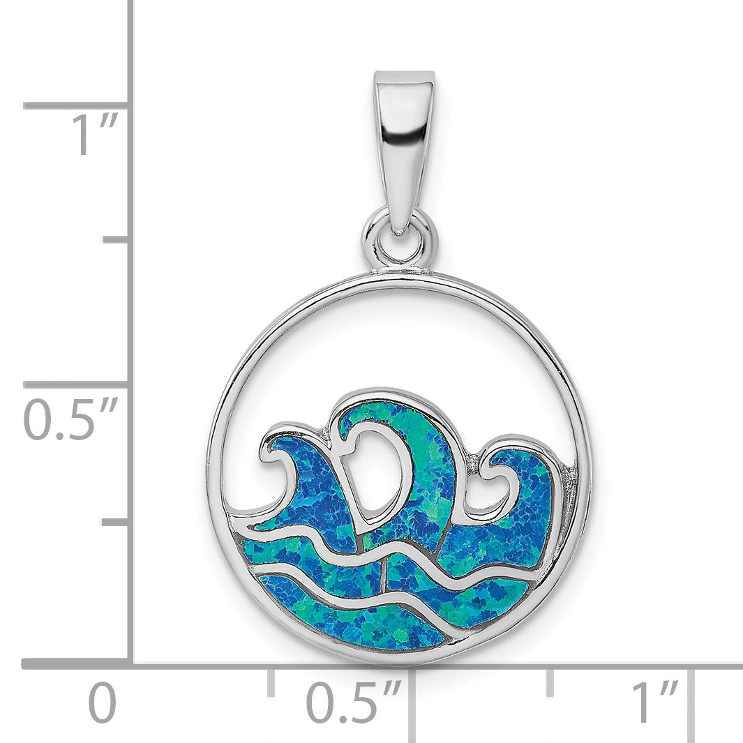 Sterling Silver Blue Created Opal Wave Pendant