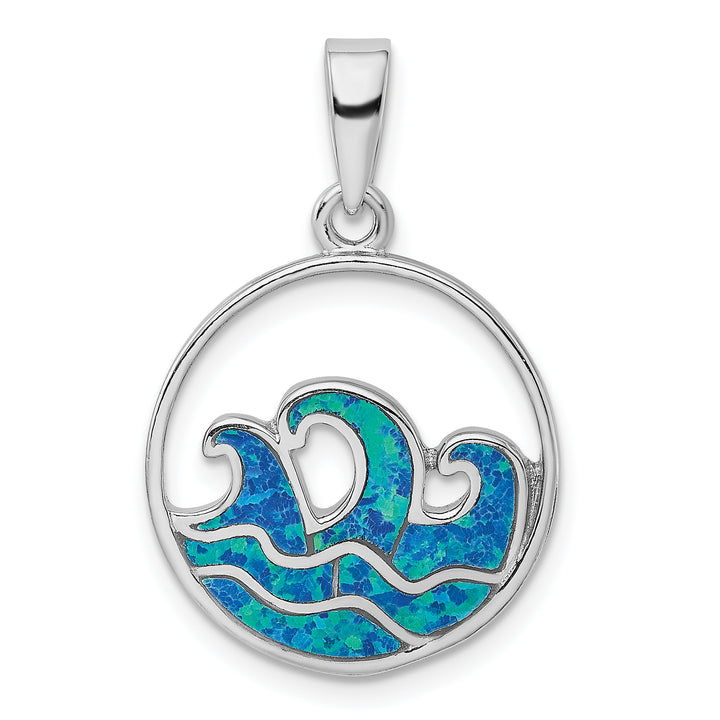 Sterling Silver Blue Created Opal Wave Pendant