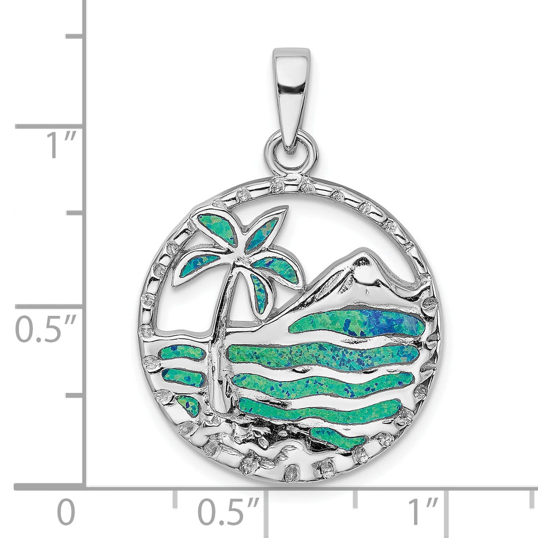 Sterling Silver Created Opal Palm Tree Ocean Pendant