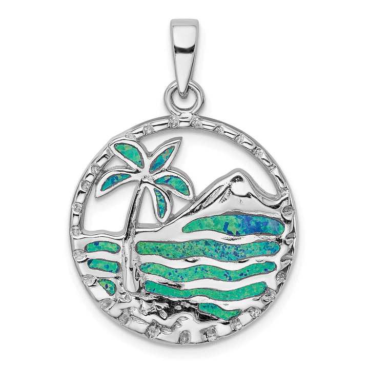 Sterling Silver Created Opal Palm Tree Ocean Pendant