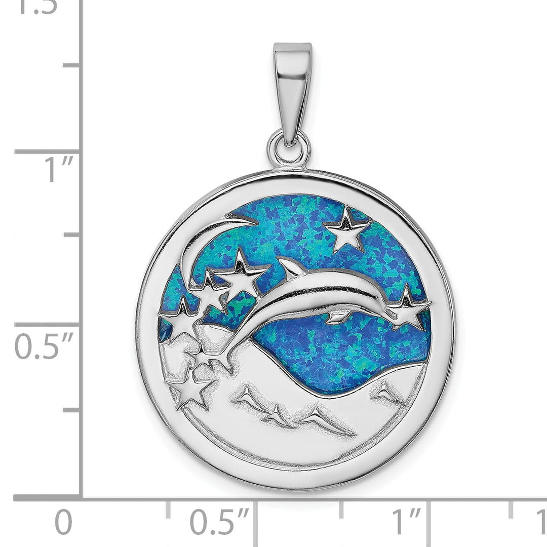 Sterling Silver Blue Created Opal Dolphins Pendant