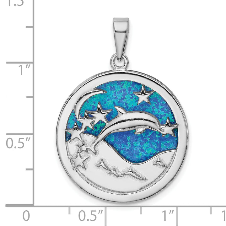 Sterling Silver Blue Created Opal Dolphins Pendant
