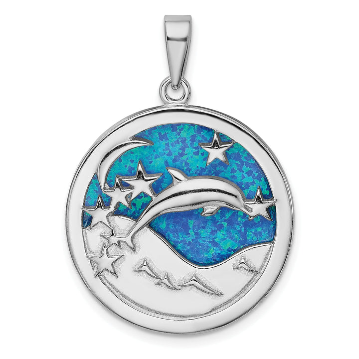 Sterling Silver Blue Created Opal Dolphins Pendant