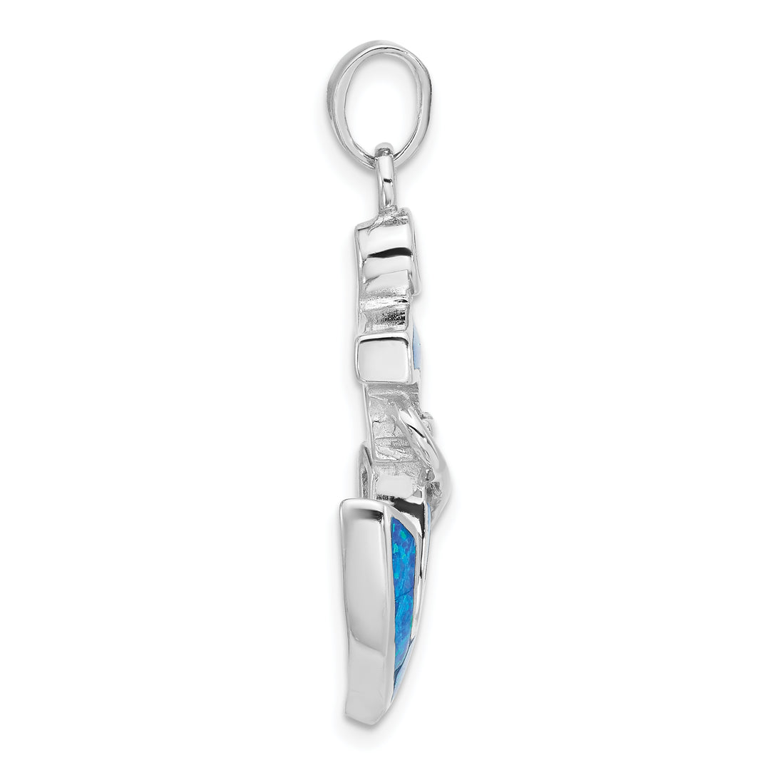 Sterling Silver Blue Created Opal Anchor Pendant