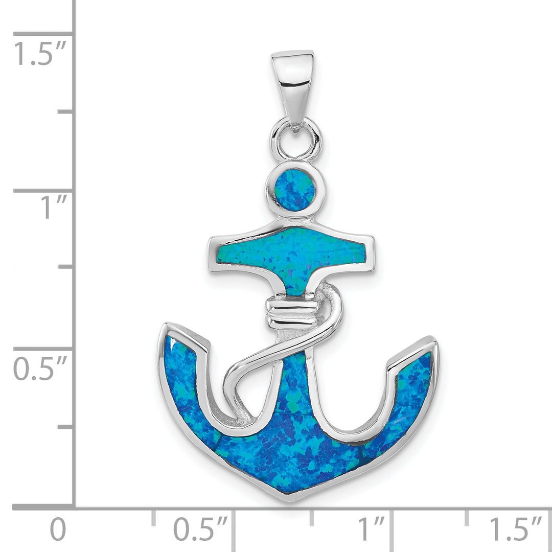 Sterling Silver Blue Created Opal Anchor Pendant