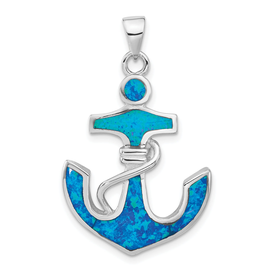 Sterling Silver Blue Created Opal Anchor Pendant