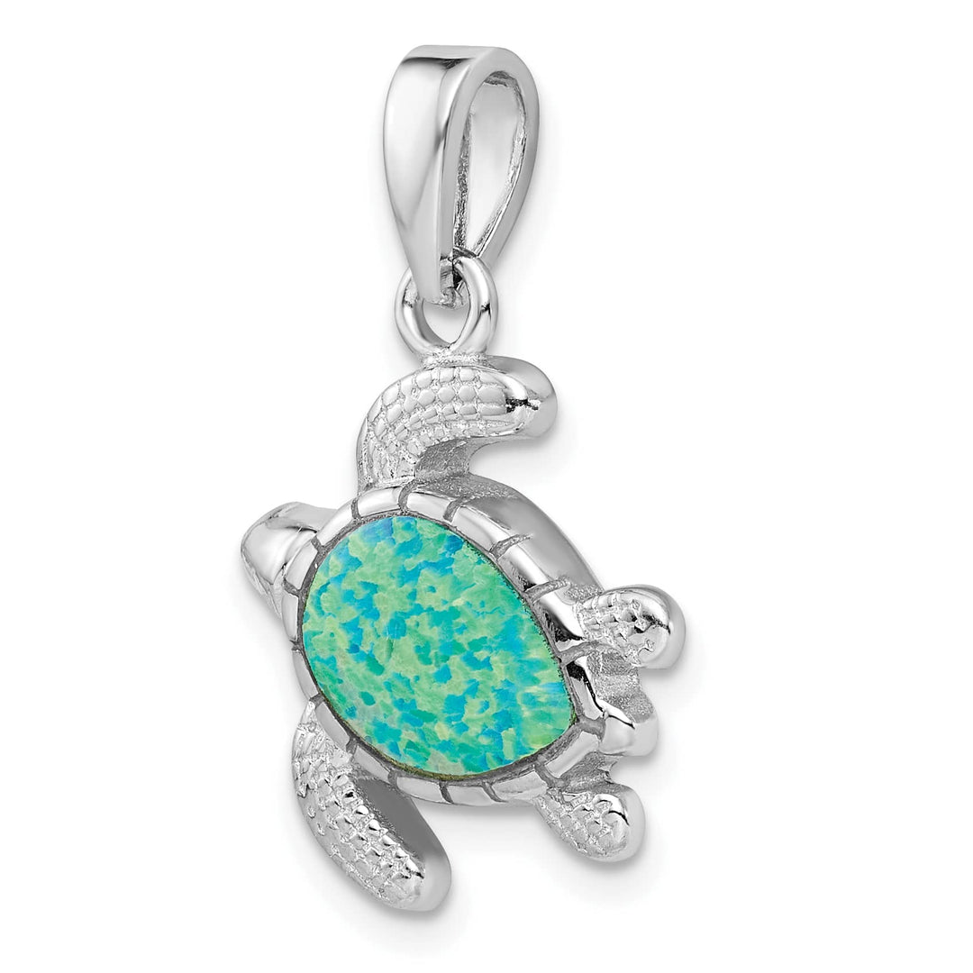 Sterling Silver Green Inlay Created Opal Turtle Pendant