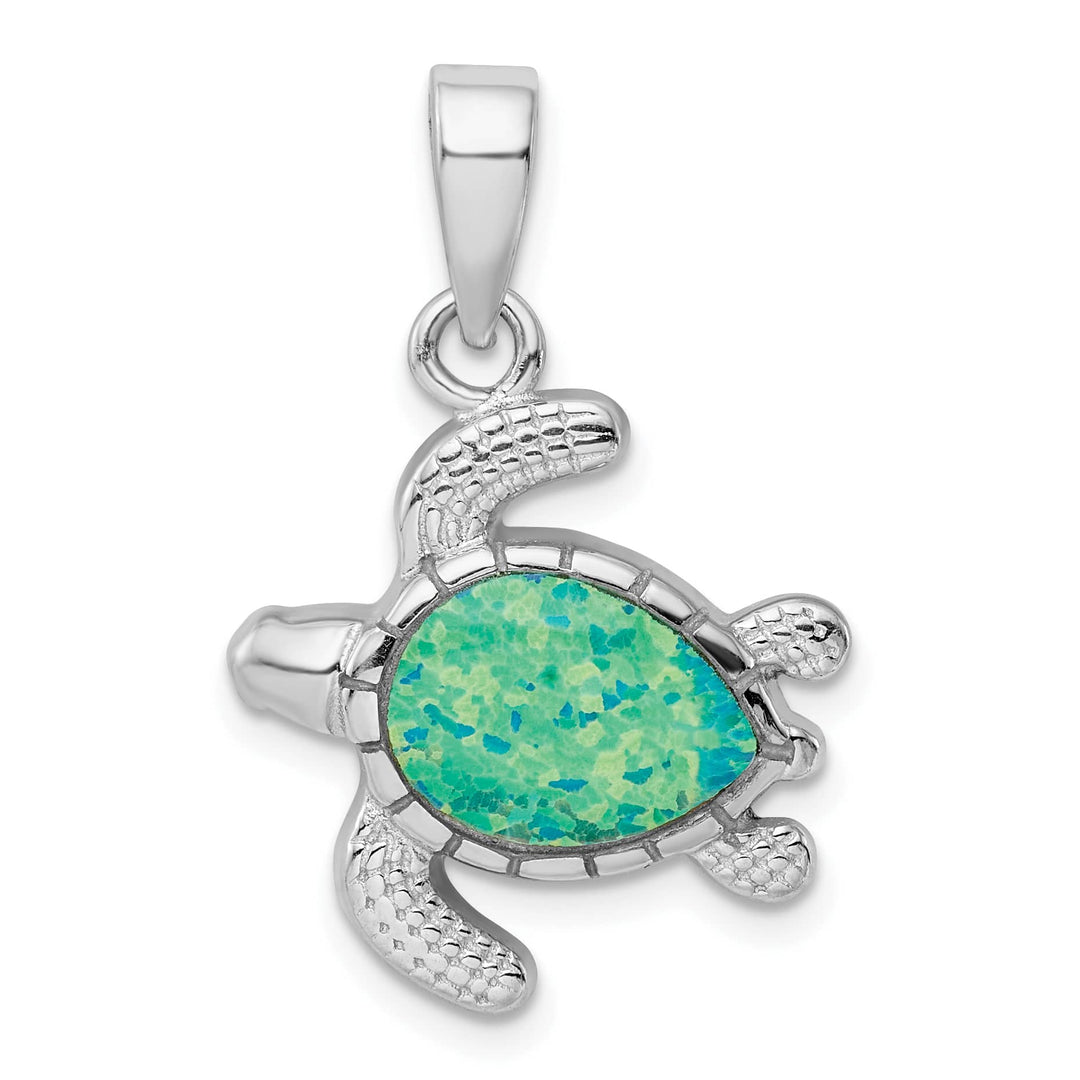 Sterling Silver Green Inlay Created Opal Turtle Pendant