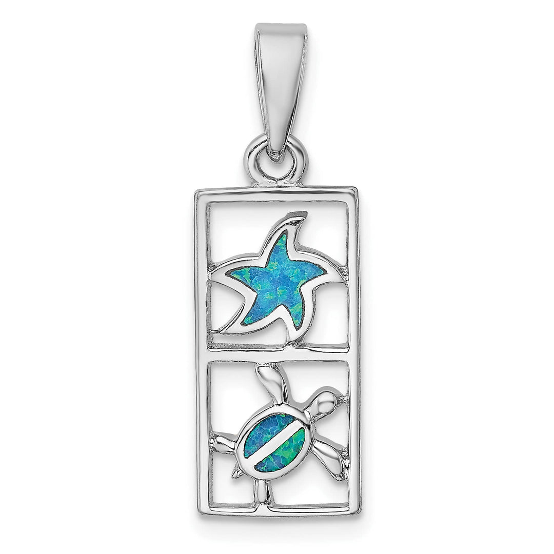 Sterling Silver Blue Created Opal Starfish and Turtle Pendant