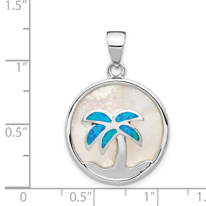 Sterling Silver Mother of Pearl and Blue Created Opal Round Pendant