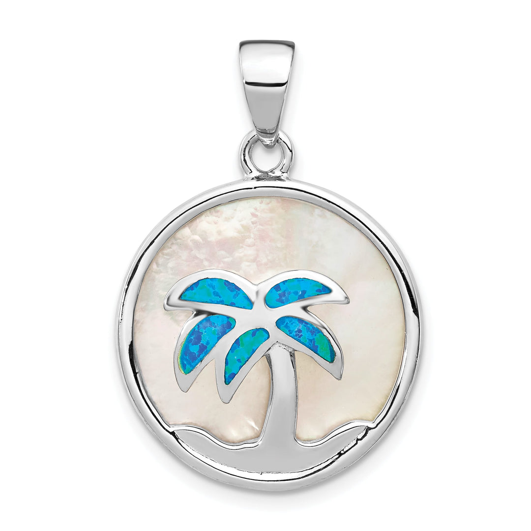 Sterling Silver Mother of Pearl and Blue Created Opal Round Pendant