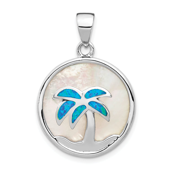 Sterling Silver Mother of Pearl and Blue Created Opal Round Pendant