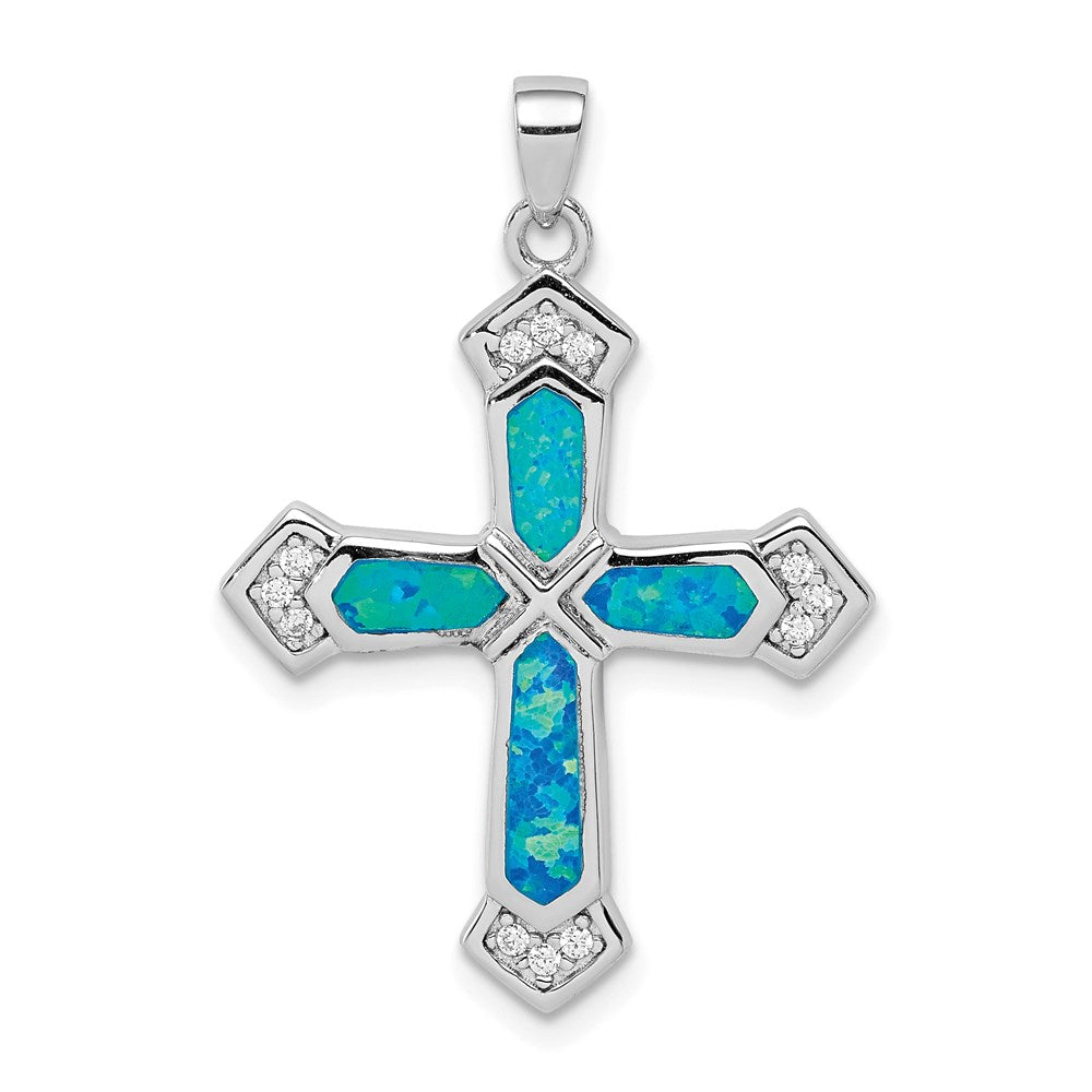 Sterling Silver Created Opal Cross CZ Pendant