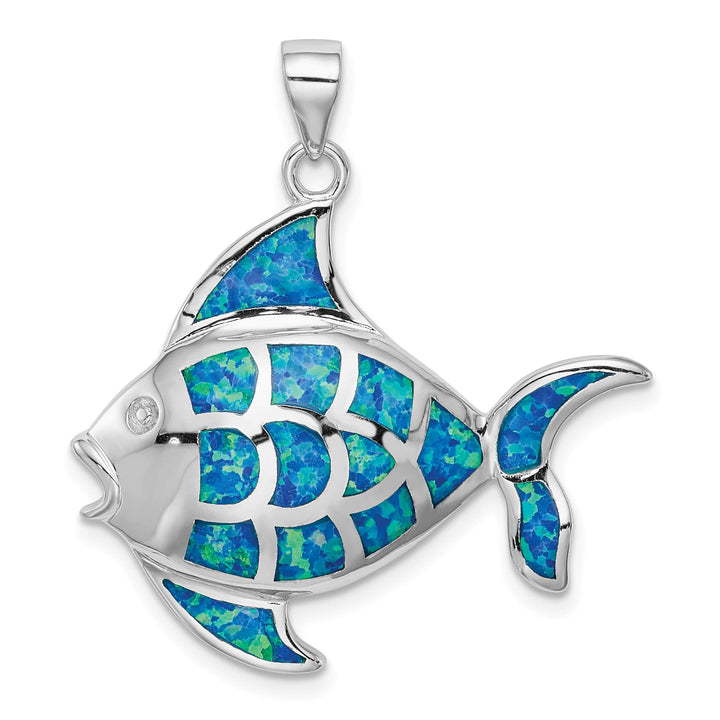 Sterling Silver Created Blue Opal Fish Pendant