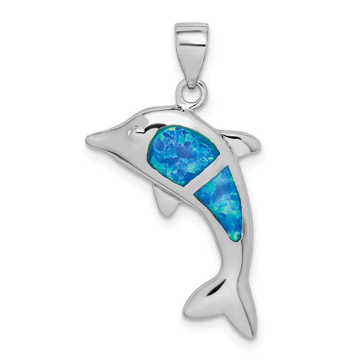 Sterling Silver Created Blue Opal Dolphin Pendant