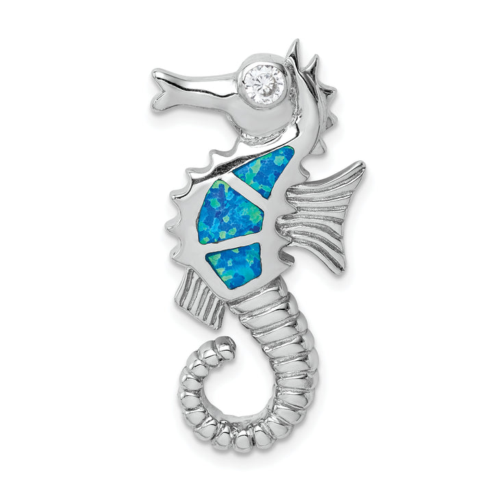 Sterling Silver Created Opal and CZ Seahorse Chain Slide