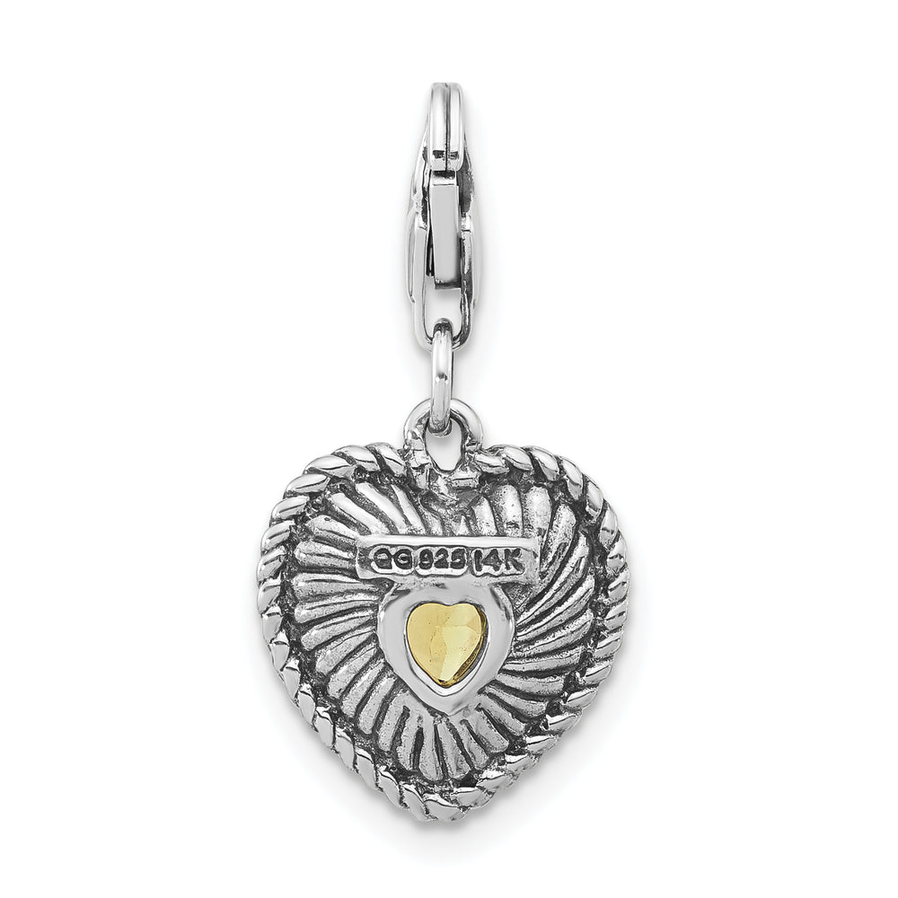 Sterling Silver with 14k Accent & Antiqued Lemon Quartz Heart Charm