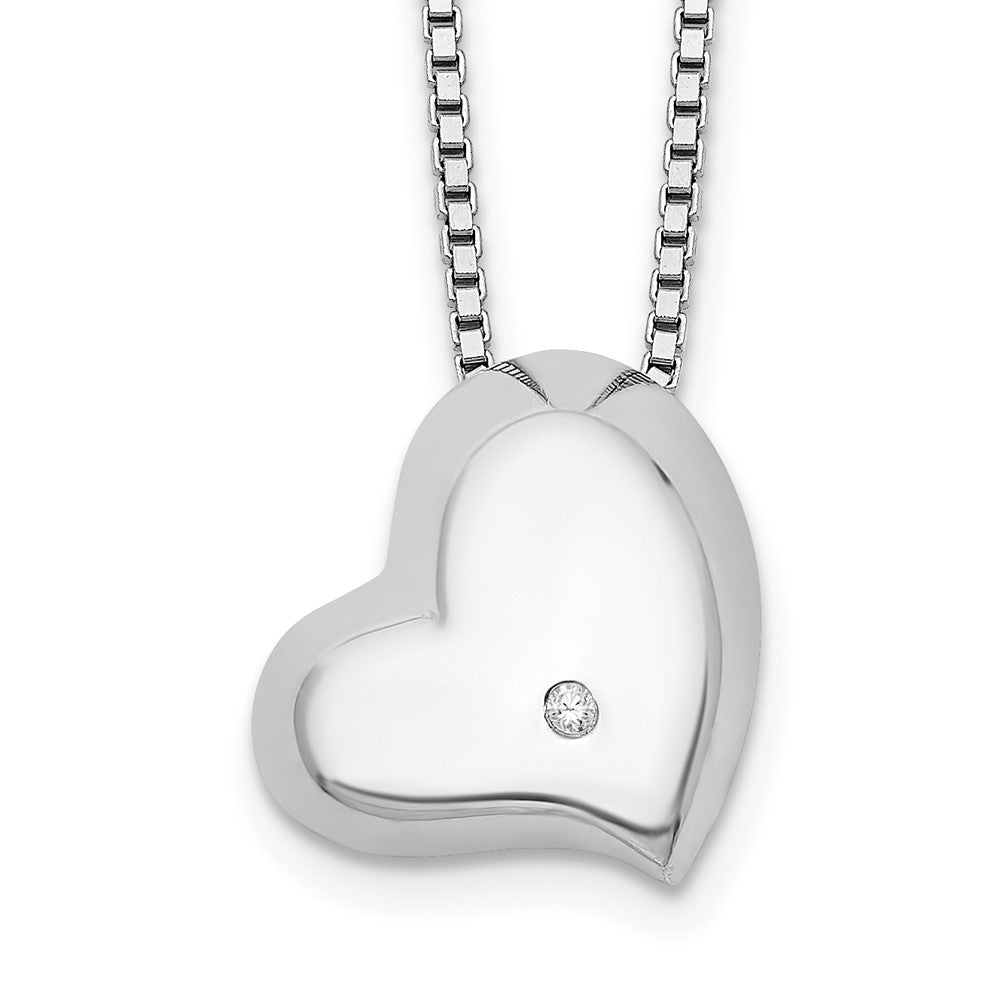 Sterling Silver Satin and Polished Diamond Heart 20 inch Necklace