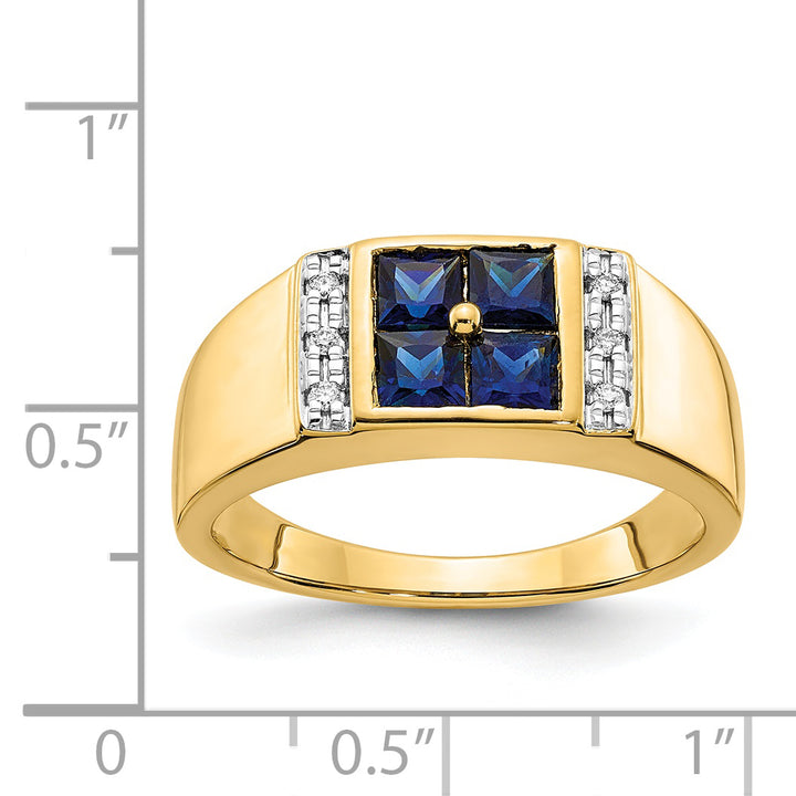 14k Yellow Gold Created Sapphire, Diamond Mens Ring