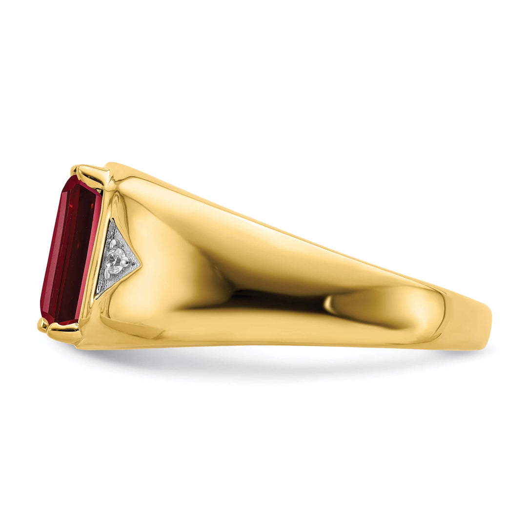 14k yellow gold men's ring with emerald cut created ruby and accent diamonds, showcasing a side view of the ring's polished finish.