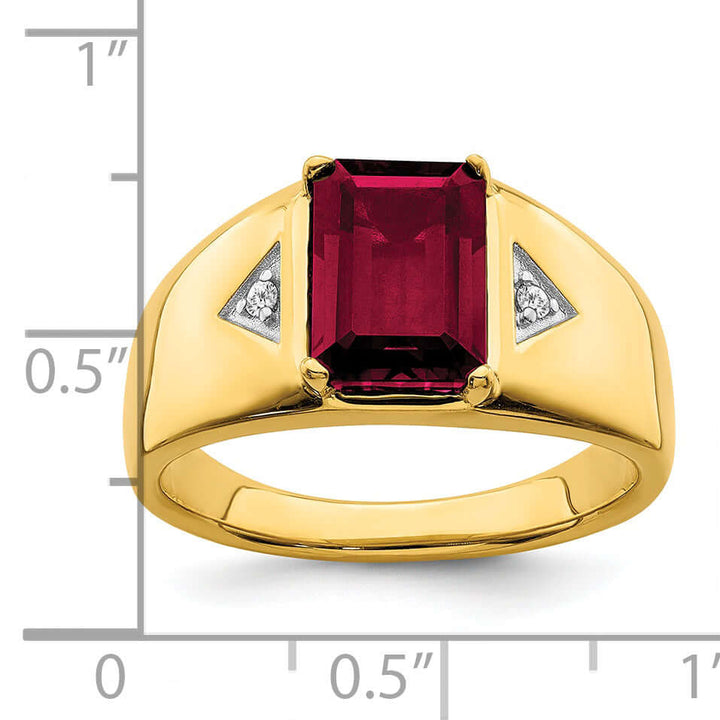 14k Yellow Gold Emerald Cut Created Ruby Diamond Men's Ring featuring polished finish and dazzling diamonds