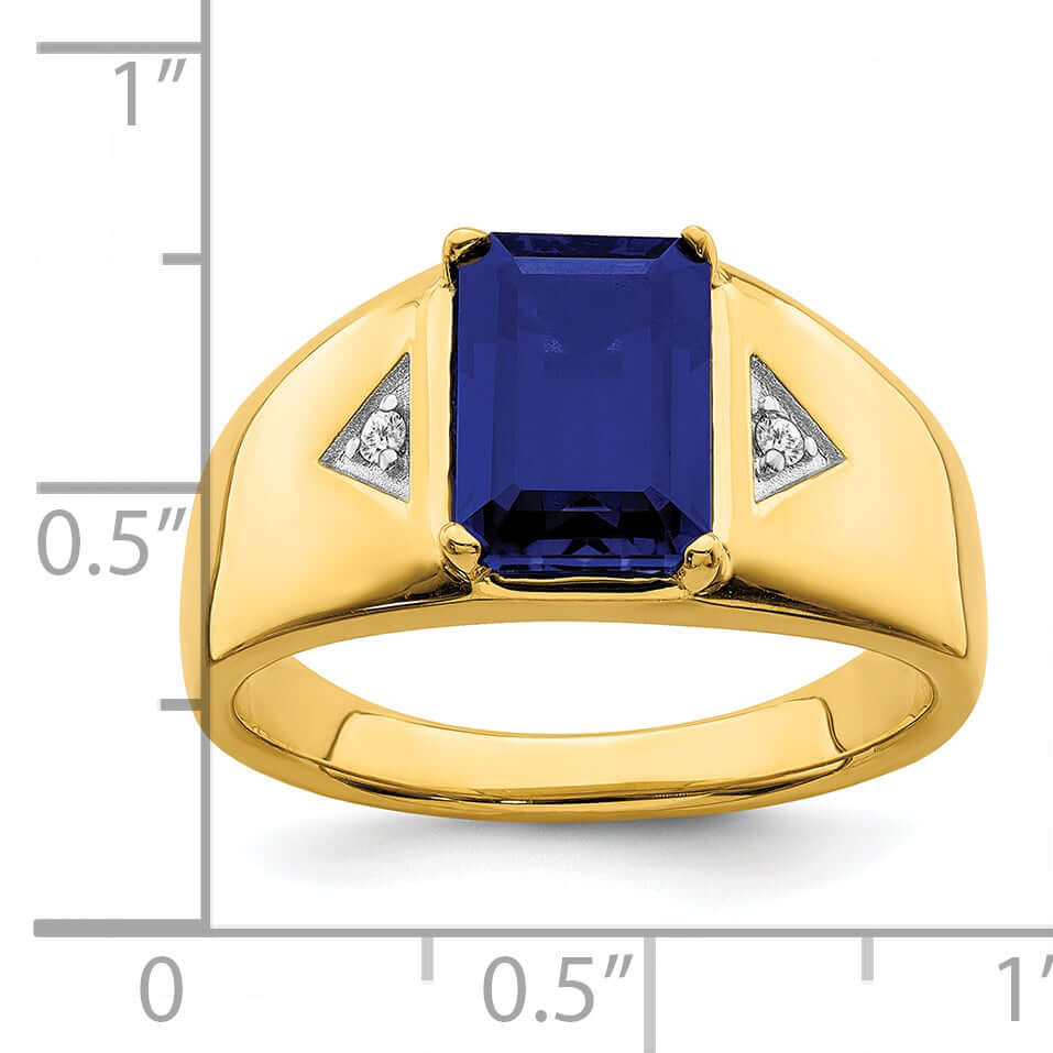 14k yellow gold men's ring with an emerald-cut created sapphire and diamond accents, polished for a sleek, modern look