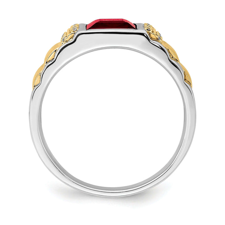 14k two-tone created ruby and diamond men's ring featuring vibrant created ruby and 14K two-tone gold setting. Unique and modern luxury.