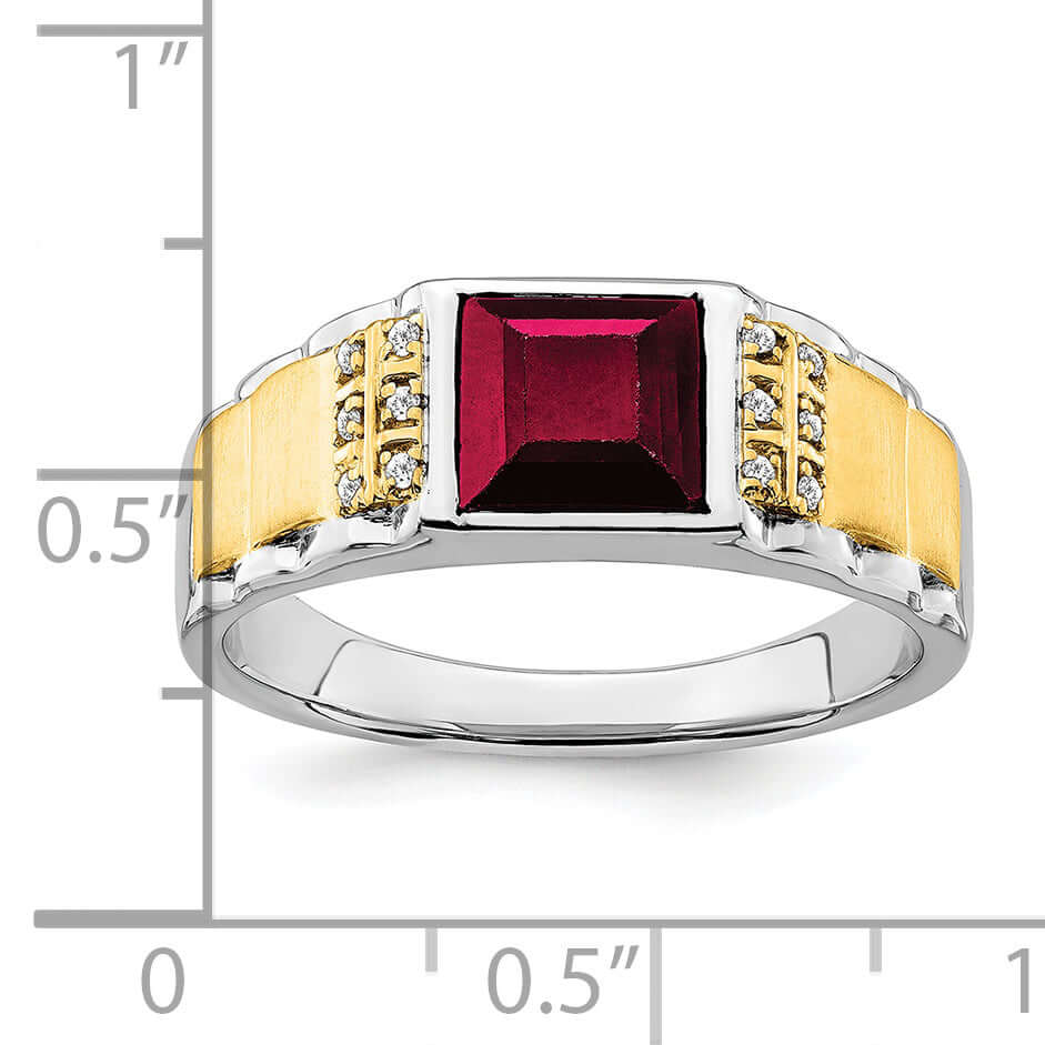 14k two-tone created ruby and diamond men's ring featuring a vibrant created ruby and dazzling diamonds set in luxurious 14K two-tone gold.