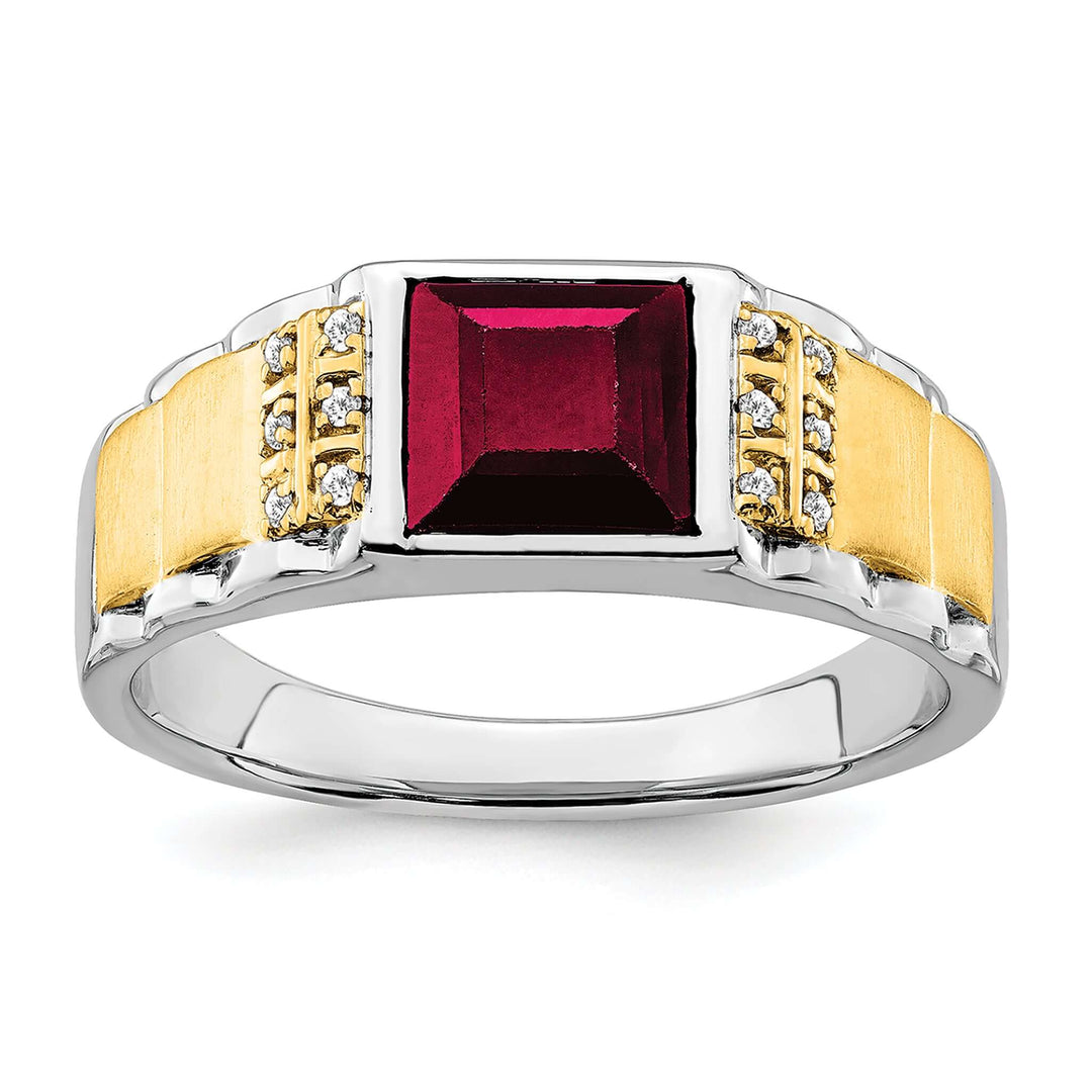 14k two-tone gold men's ring with created ruby and diamond accents