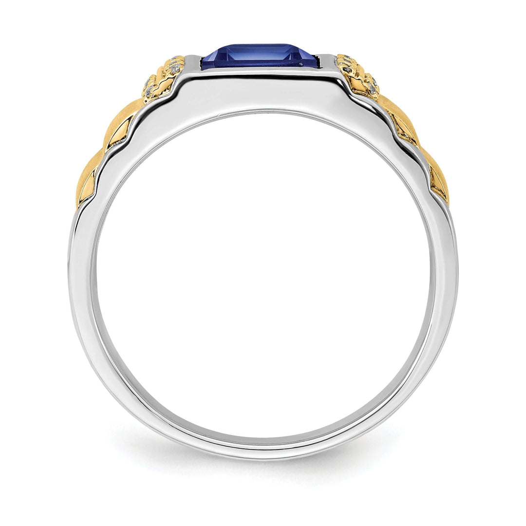 14k two-tone created sapphire and diamond men's ring with polished finish, featuring solid gold band and striking sapphire stone.