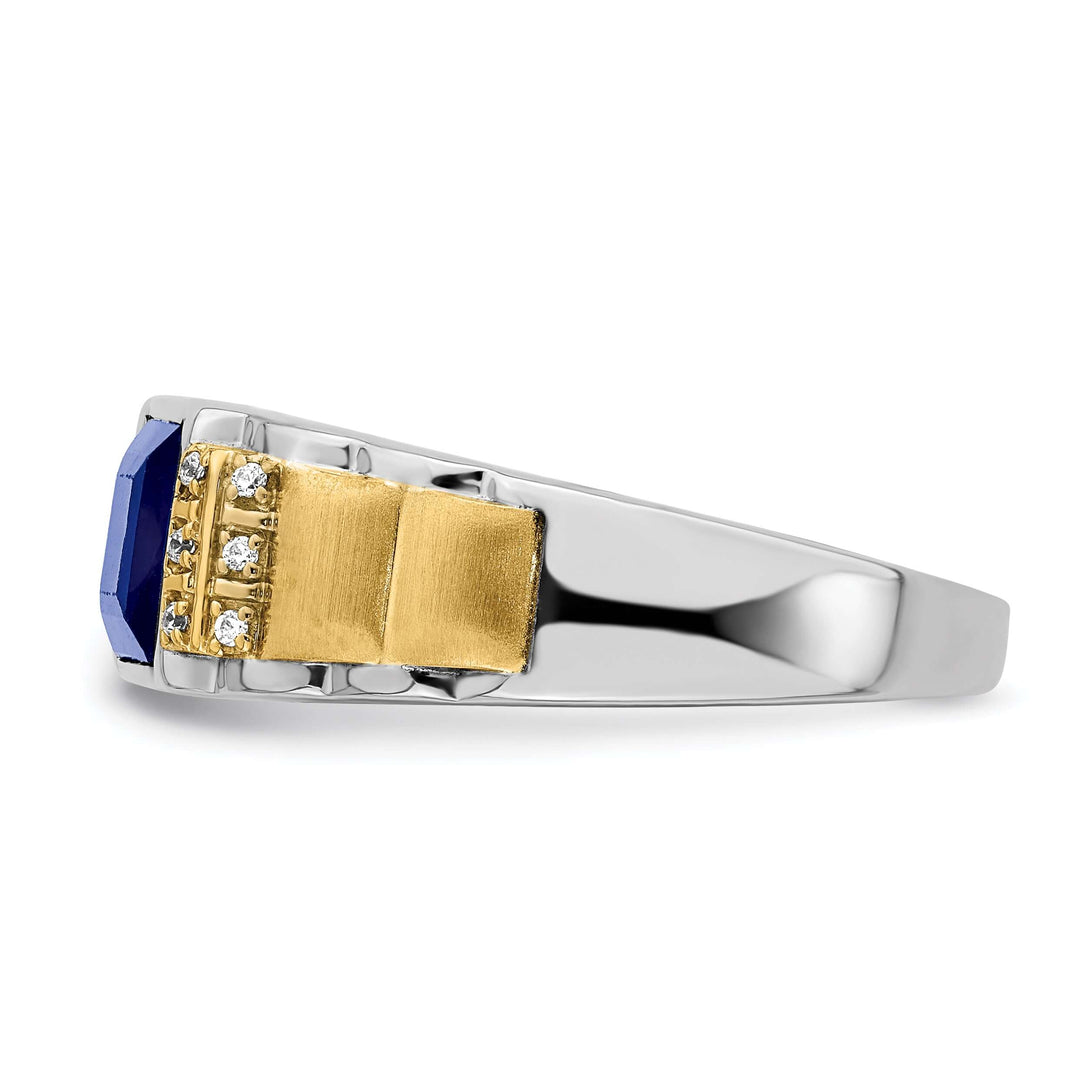 14k two-tone gold men's ring with created sapphire and diamond accents, tapered width band, polished finish, durable and comfortable.