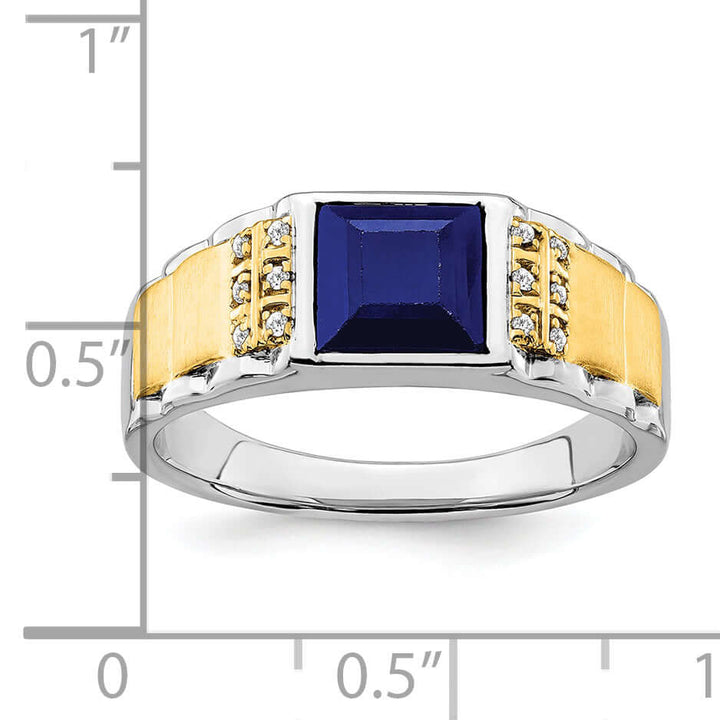 14k two-tone created sapphire and diamond men's ring with a polished finish and tapered design against a measurement grid