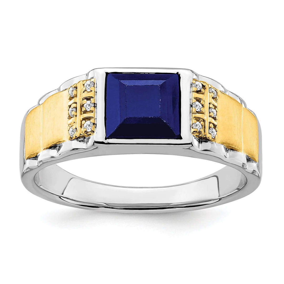 14k Two-tone Created Sapphire & Diamond Men's Ring in solid 14K gold with polished finish and striking sapphire centerpiece