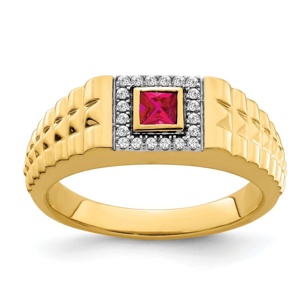 14k yellow gold men's ring with square ruby and diamond accents, elegant design with a polished finish, 6.75 grams, perfect for sophisticated style