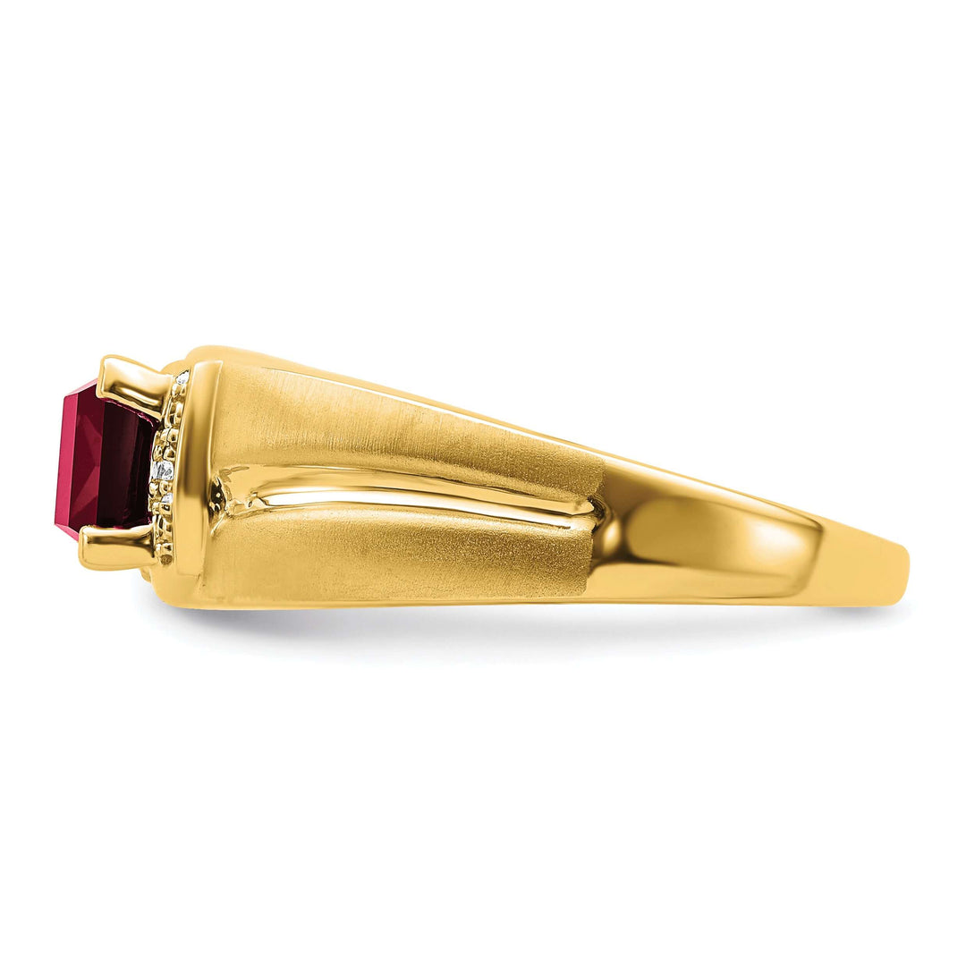 Stylish side view of 14k yellow gold men's ring with emerald-cut created ruby and accent diamonds.