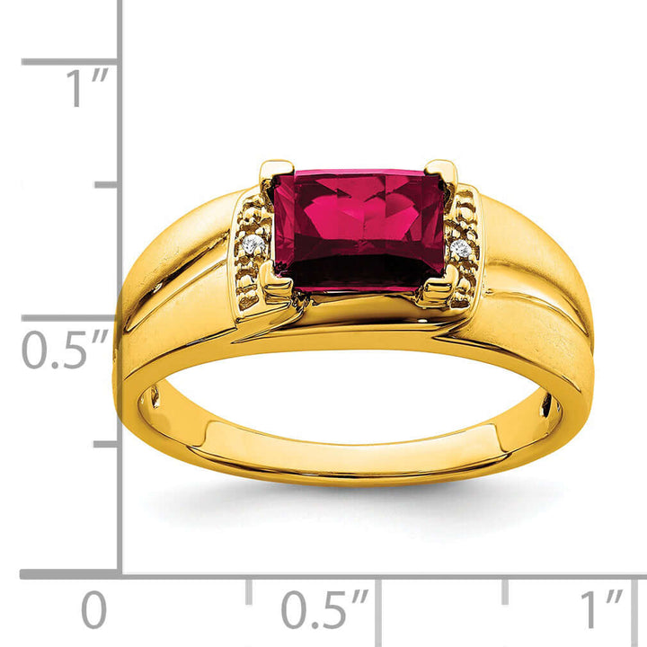 14k Yellow Gold Emerald Cut Created Ruby and Diamond Men's Ring with Polished Finish Displayed with Measurement Scale