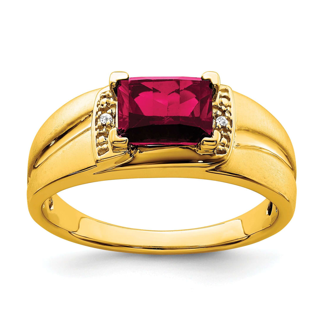 14k Yellow Gold Men's Ring with Emerald Cut Created Ruby and Diamonds, Polished Finish