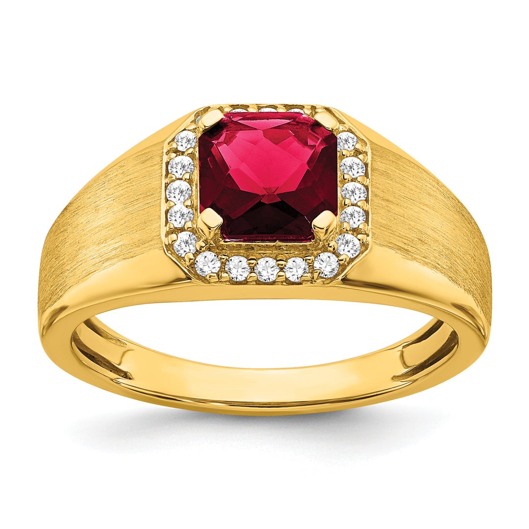 14k yellow gold mens ring with cushion-created ruby and diamond accents, polished finish, 4.99 grams, tapered band width