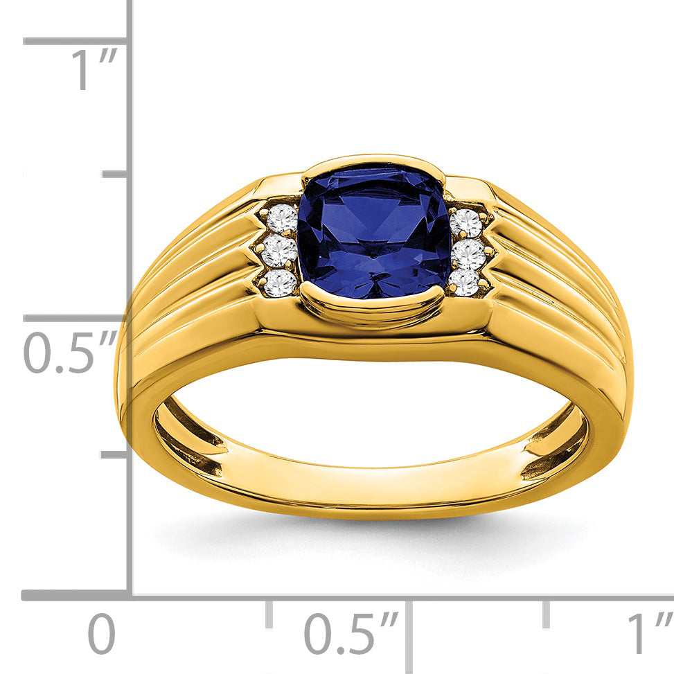 14K yellow gold men's ring with cushion-cut created sapphire and diamond accents shown with measurement scale.