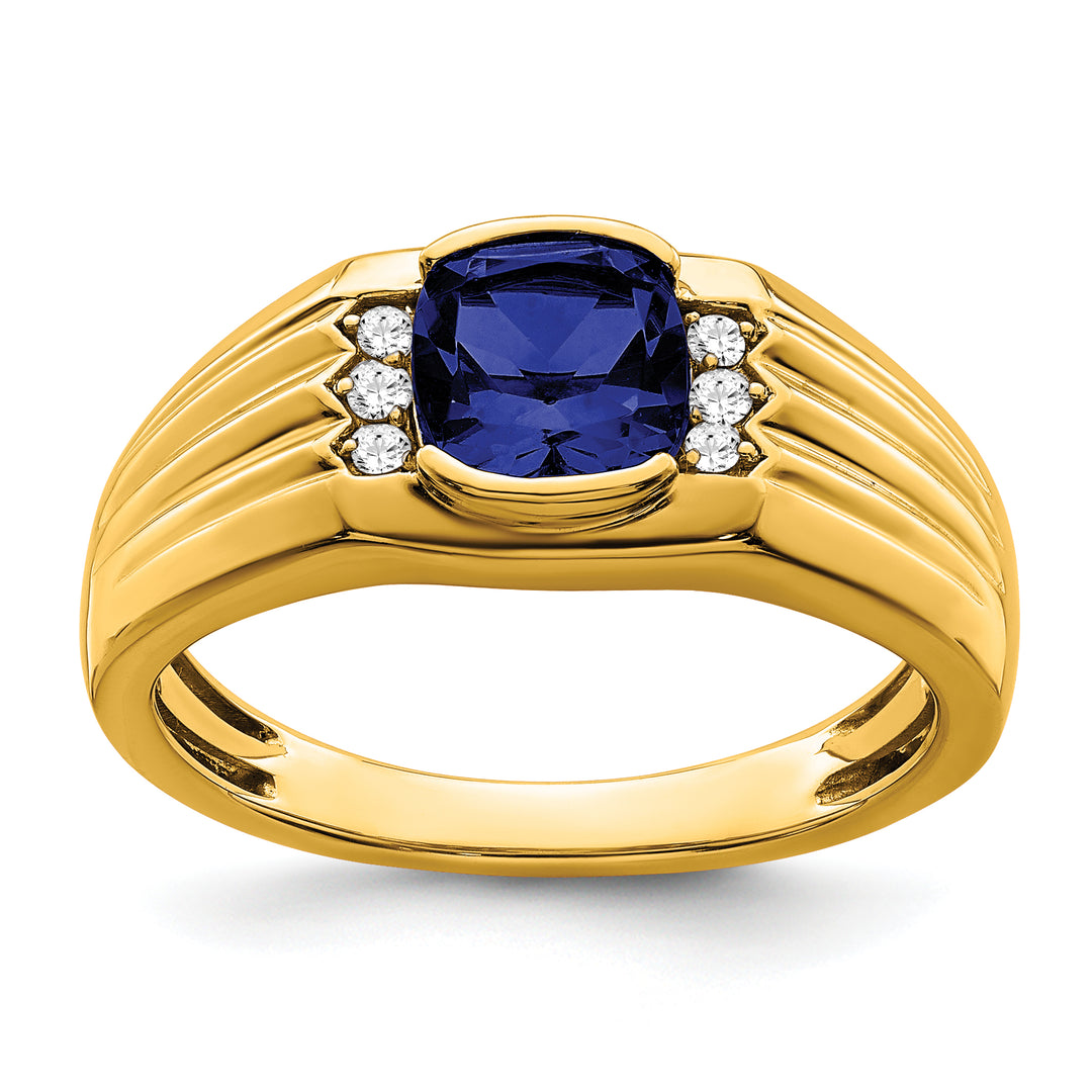 14k Yellow Gold Cushion Cut Created Sapphire Diamond Men's Ring with Polished Finish