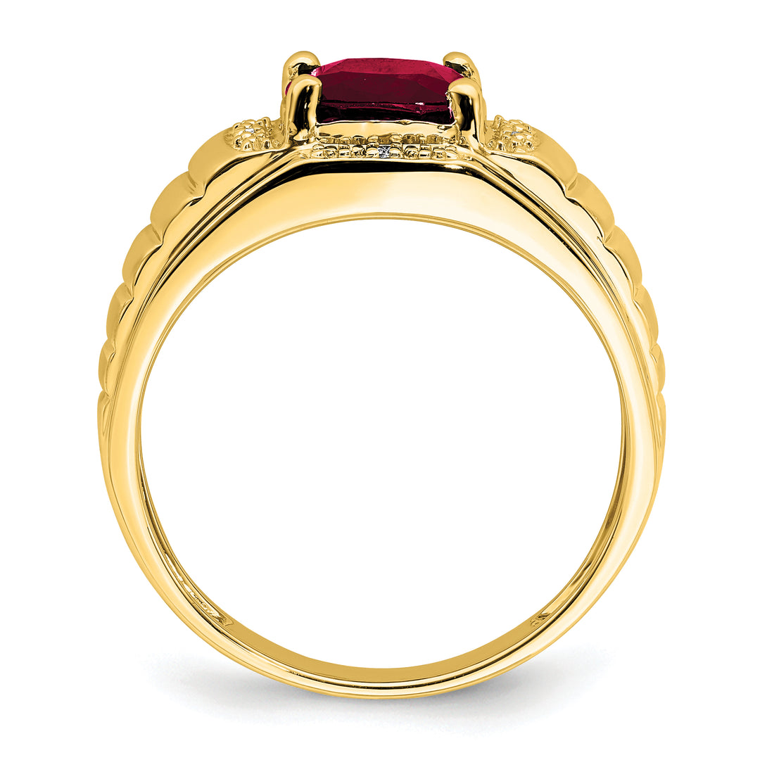 14k Yellow Gold Cushion Created Ruby and Diamond Men's Ring with side view showing detailed craftsmanship and vibrant ruby